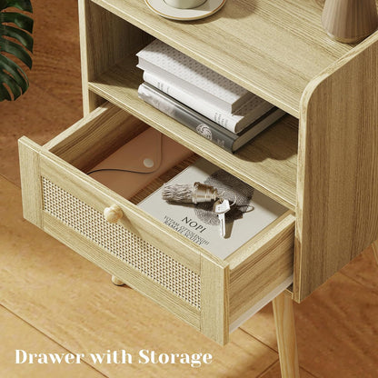 Nightstands Set of 2, Night Stands with Charging Station & PE Rattan Decor Drawer, Bed Side Tables with Solid Wood Feet, End Table, for Bedroom, Living Room - Natural