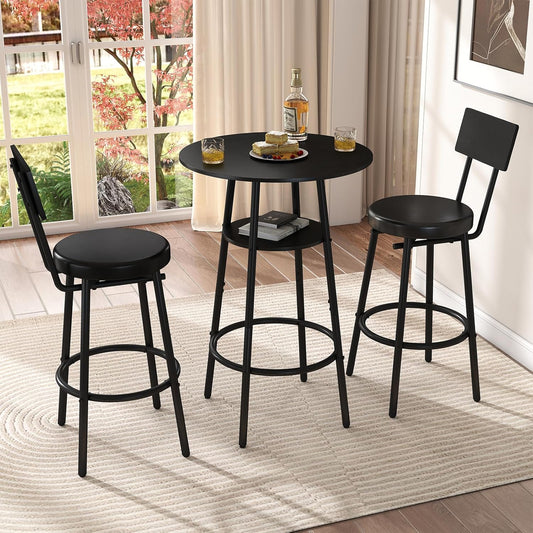3 Pieces round Bar Table Set, Small Dining Table for 2, Black Kitchen Bar Table, Breakfast Table with Storage, 2 Thickened Cushion Stools with Backrest for Dining Room & Bistro-Black