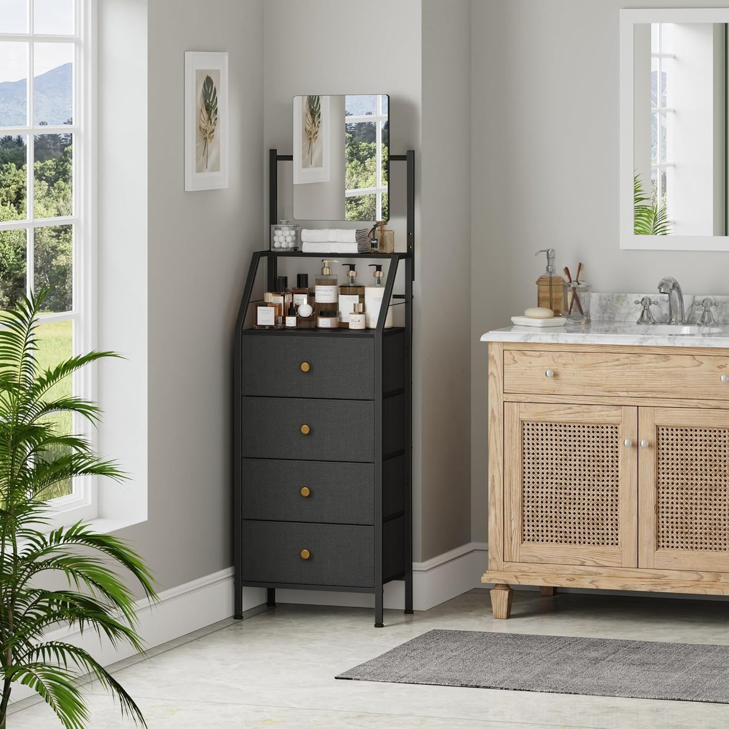 Dresser with Mirror, 4 Drawers Dresser with 2-Tier Shelves, Freestanding Fabric Chest of Drawers for Small Space, Tall Narrow Nightstand Vanity for Bedroom, Hallway, Dorm, Black, 15.3" W