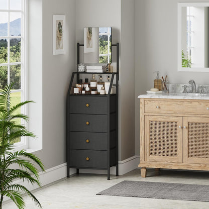 Dresser with Mirror, 4 Drawers Dresser with 2-Tier Shelves, Freestanding Fabric Chest of Drawers for Small Space, Tall Narrow Nightstand Vanity for Bedroom, Hallway, Dorm, Black, 15.3" W