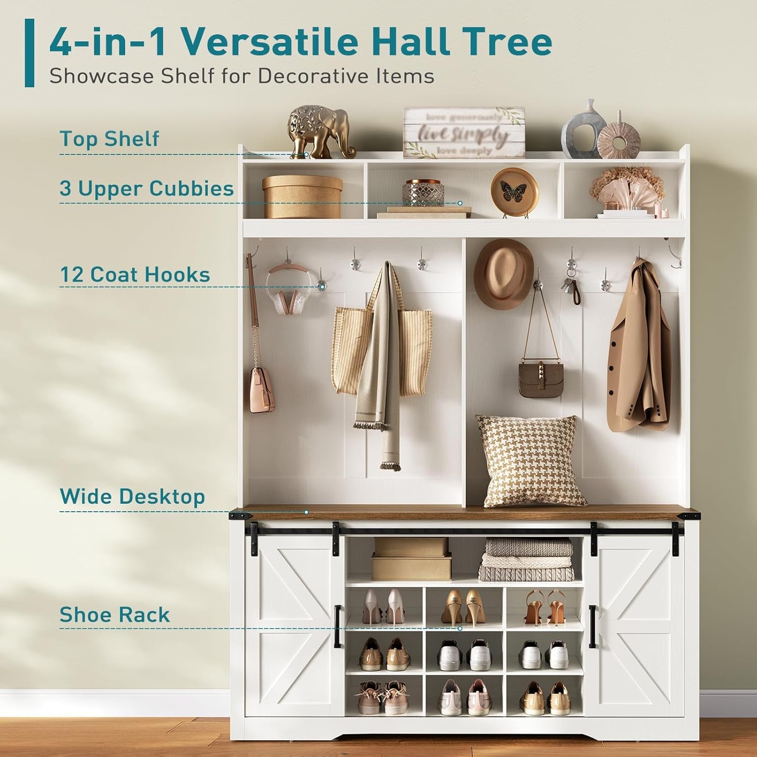 58" Farmhouse Hall Tree with Bench and Shoe Storage, 5-In-1 Entryway Bench with Coat Rack, 9 Shoe Cubbies & 12 Hooks, Led Lights and Adjustable Shelves & Barn Doors, Entryway Storage, White and Walnut
