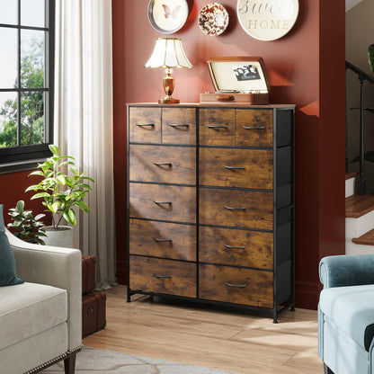 Tall Console Table with 12 Fabric Drawers, Tall Storage Organizer with Wood Top, Entryway Table with Storage, Steel Frame for Living Room, Hallway, Office, Rustic Brown