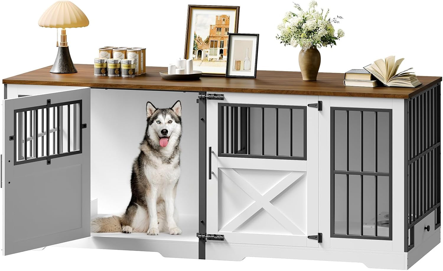 72'' Dog Crate Furniture for 2 Dogs, Extra Large Farmhouse Dog Kennel with Removable Divider, Pull-Out Dog Bowls, Heavy Duty Dog Crate TV Stand, White and Walnut BWH82GW03