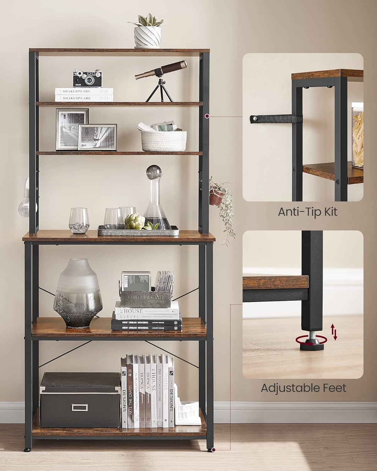 Coffee Bar, 31.5 Inches Baker'S Rack for Kitchen with Storage, 6-Tier Kitchen Shelves with 6 Hooks, Microwave Stand, Industrial, Rustic Brown and Ink Black UKKS019B01