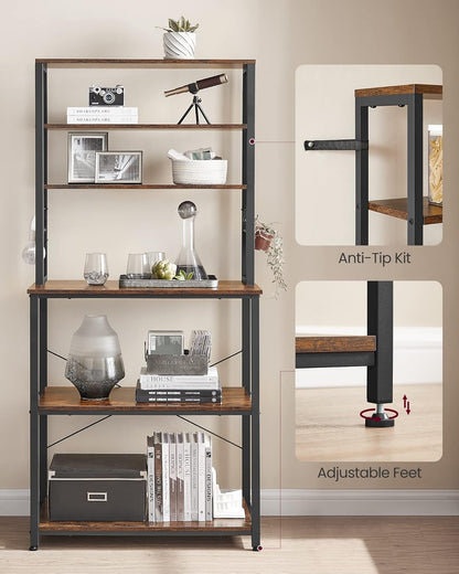 Coffee Bar, 31.5 Inches Baker'S Rack for Kitchen with Storage, 6-Tier Kitchen Shelves with 6 Hooks, Microwave Stand, Industrial, Rustic Brown and Ink Black UKKS019B01