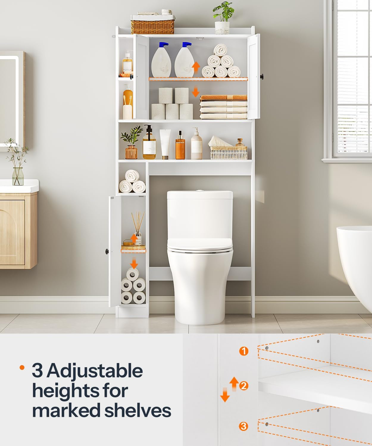 over the Toilet Storage Cabinet, Farmhouse over Toilet Bathroom Organizer with Doors and Adjustable Shelves, 31.5" W X 7.5" Dx 66.7" H, Space-Saving for Bathroom, Laundry, White WT80TS01N1