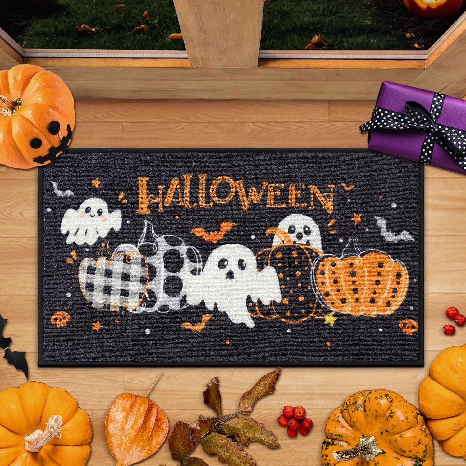 Halloween Holiday Doormat, 17''X30'' Non-Slip Ghost and Pumpkins Decorative Welcome Mats for Floor, Low-Profile Entryway Rugs Washable, Pumpkins Party Pattern