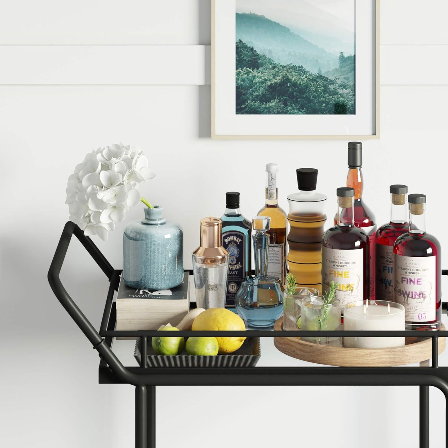 Sally Rolling Bar or Cart for Tea or Cocktail, 2-Tiered Glass and Metal, Black