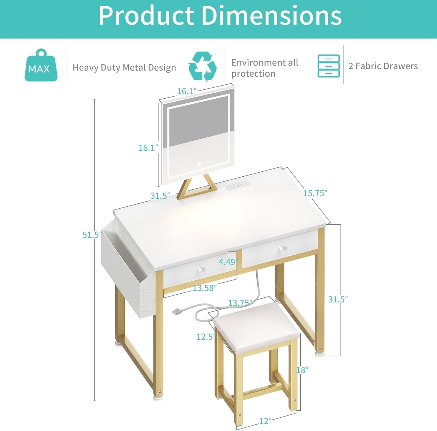 Small Makeup Vanity Desk with Mirror and Light, 32 Inch White Vanity Desks Sets with Fabric Drawers for Girls Teen, Dressing Table and Chair Set with Power Outlet for Bedroom, White Gold