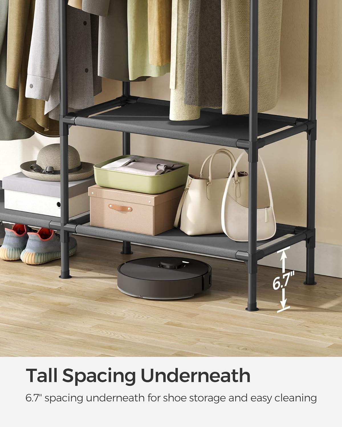 Heavy Duty Clothes Rack, 65 Inch Freestanding Portable Wardrobe with Hanging Rails and Shelves, Total Load 242 Lb, Easy Assembly, for Cloakroom, Bedroom, Black URDR201B02
