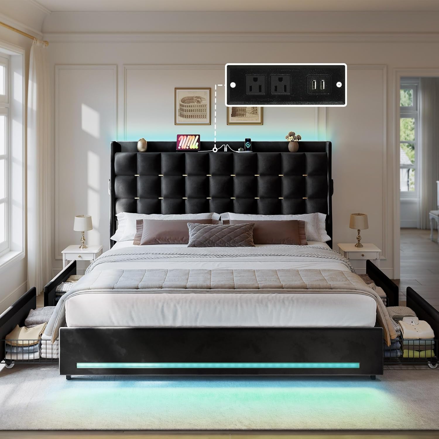 Queen Size Bed Frame with 4 Drawers and RGB LED Lights, Velvet Upholstered Platform Bed with Charging Station and Storage Headboard, No Box Spring Needed, Easy Assembly, Noise-Free, Black