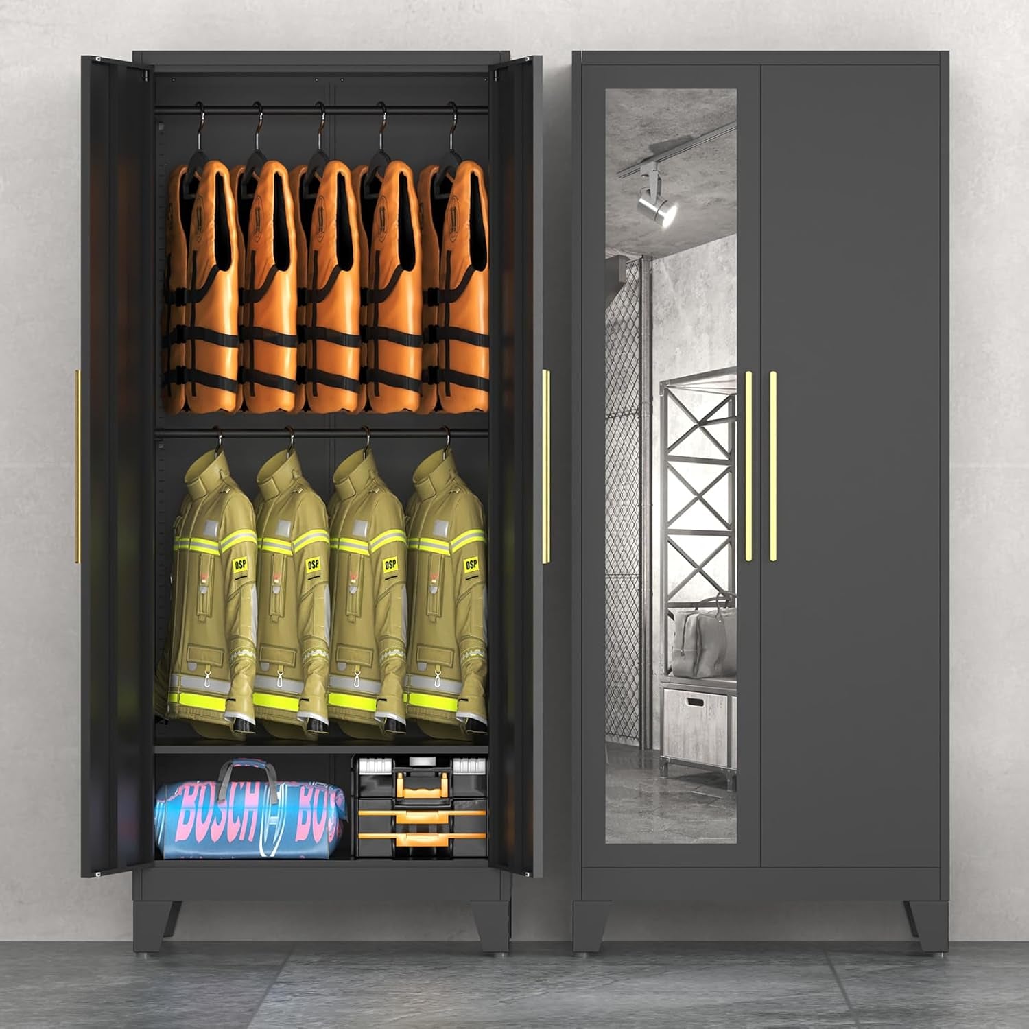 75" Tall Metal Armoire Wardrobe Closet with Mirror Doors, 2 Adjustable Hanging Rods & Adjustable Shelf, Freestanding Storage Cabinet Organizer for Bedroom, Office, Laundry Room, Black