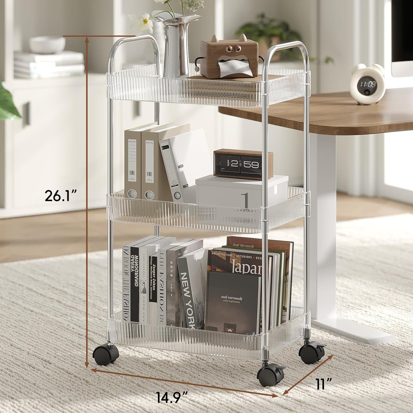 3 Tier Rolling Cart with Lockable Wheels, Clear Acrylic Utility Trolley with Handle, Heavy-Duty Storage Organizer for Kitchen Bathroom Nursery Laundry - Snack Book Craft Organizer (Clear)