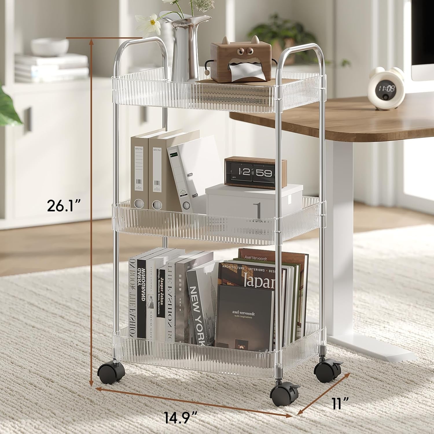 3 Tier Rolling Cart with Lockable Wheels, Clear Acrylic Utility Trolley with Handle, Heavy-Duty Storage Organizer for Kitchen Bathroom Nursery Laundry - Snack Book Craft Organizer (Clear)