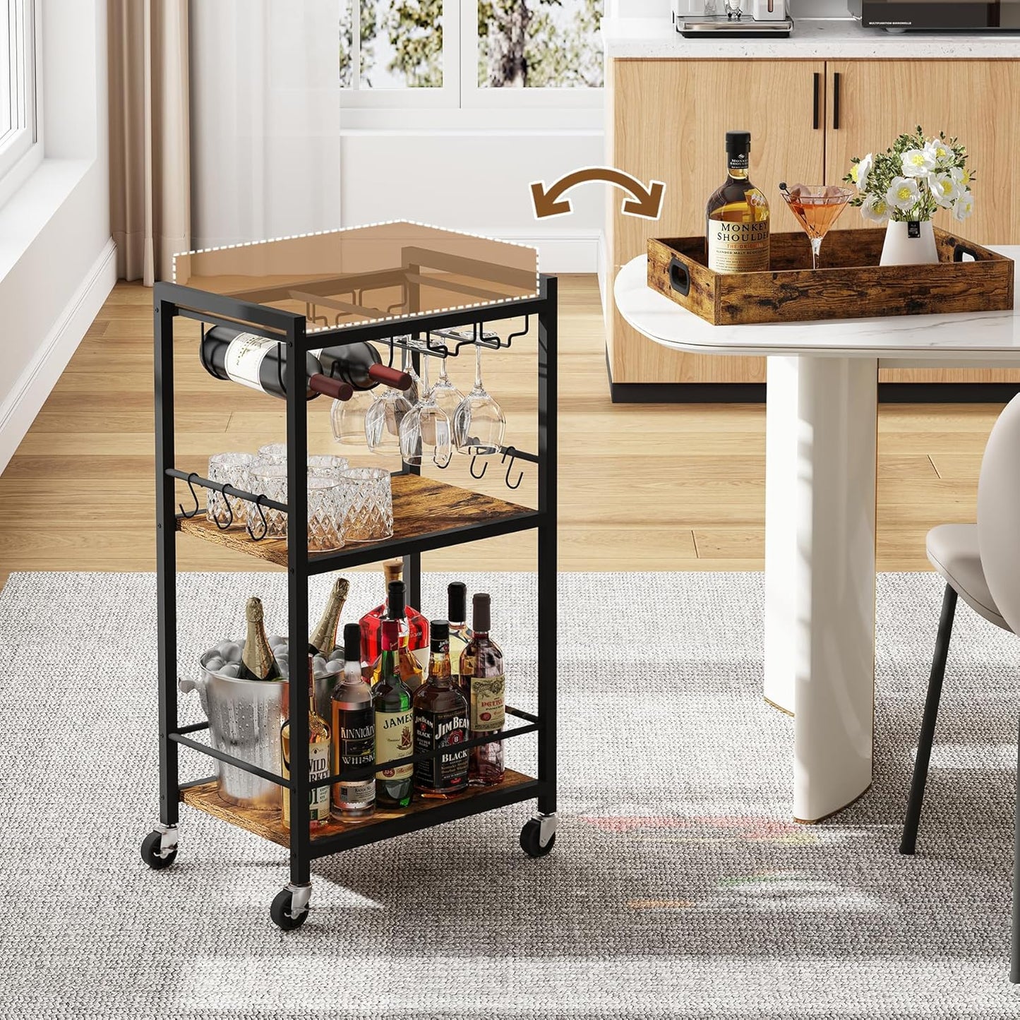 Bar Cart with Removable Tray, Home Bar Serving Cart, Drink Cart, Mobile Kitchen Shelf with Wine Rack and Glass Holder, Rolling Beverage Cart for Living Room, Kitchen, Brown BC01BB036