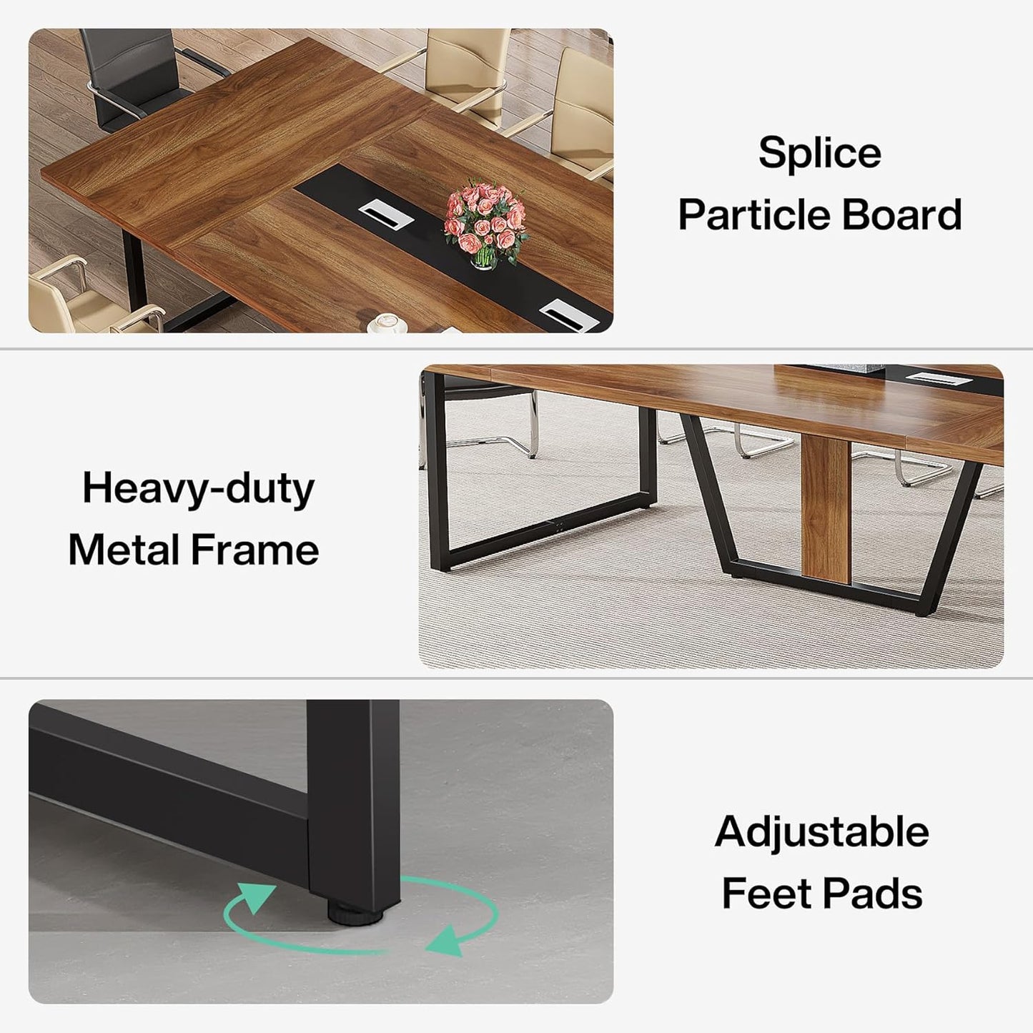8FT Conference Table, 94.49 L X 47.24 W X 29.53 H Inches Large Meeting Podcast Table for 10 People, Business Style Wooden Training Table with Strong Metal Frame for Office Conference