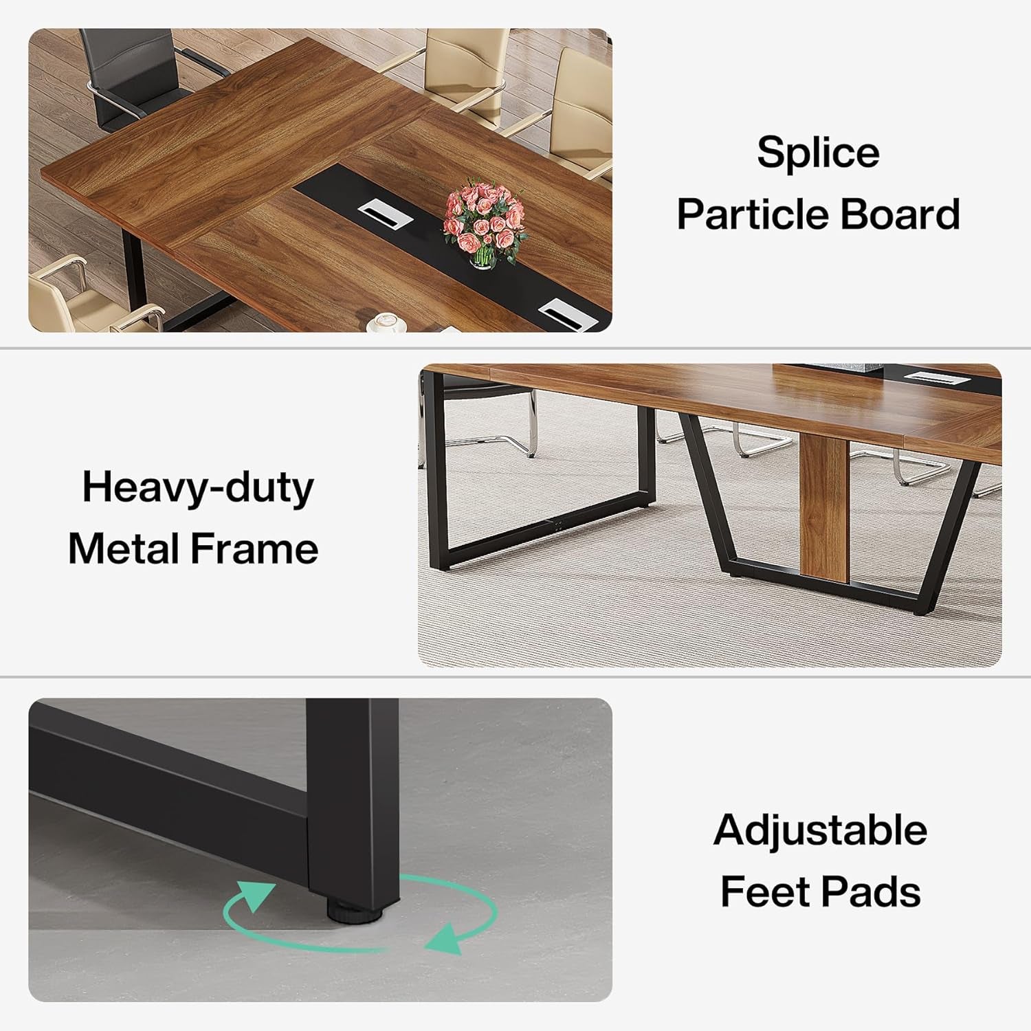 8FT Conference Table, 94.49 L X 47.24 W X 29.53 H Inches Large Meeting Podcast Table for 10 People, Business Style Wooden Training Table with Strong Metal Frame for Office Conference