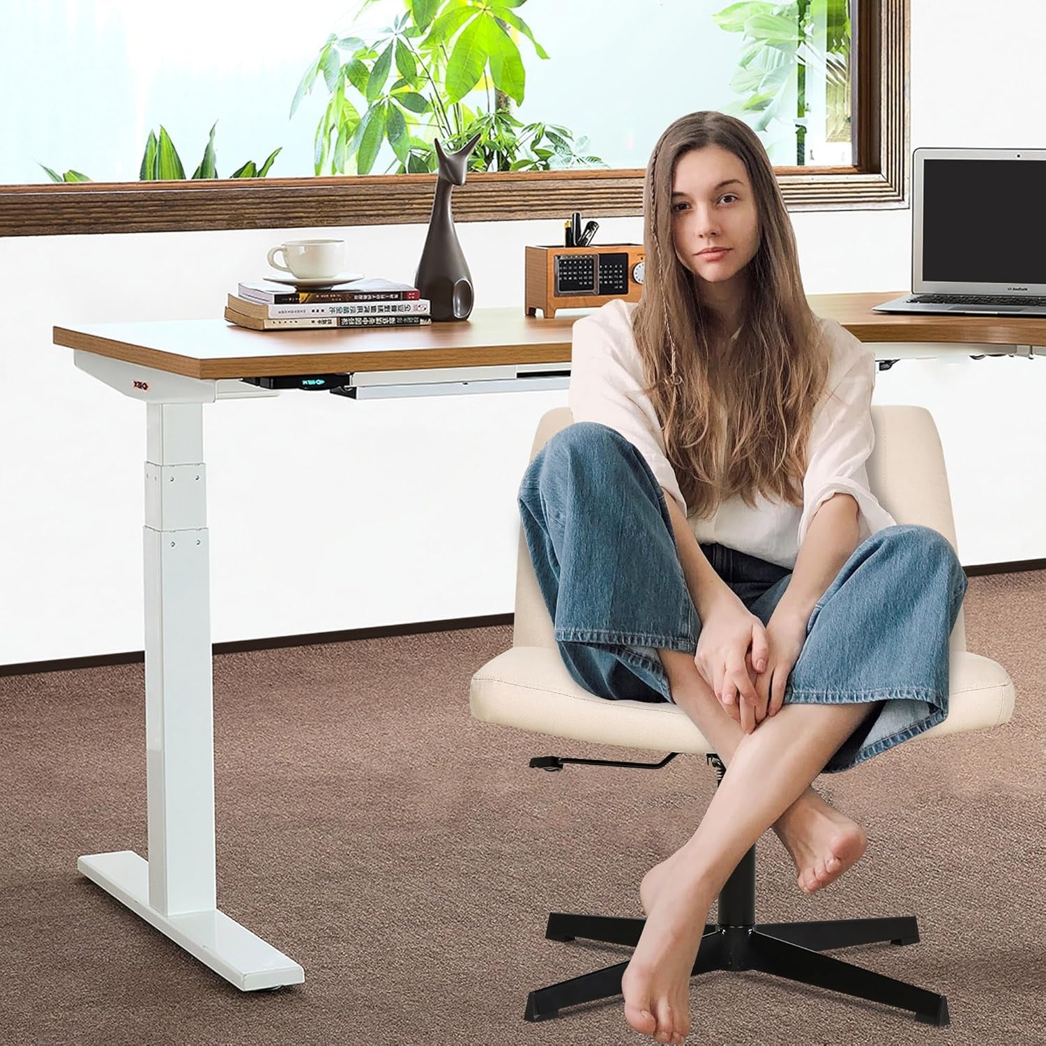Criss Cross Chair Armless Cross Legged Office Desk Chair Adjustable Swivel Ergonomic Desk Chair No Wheels U Shaped Backrest with Wide Seat Native Sponge Computer Task Vanity Chair for Home Office