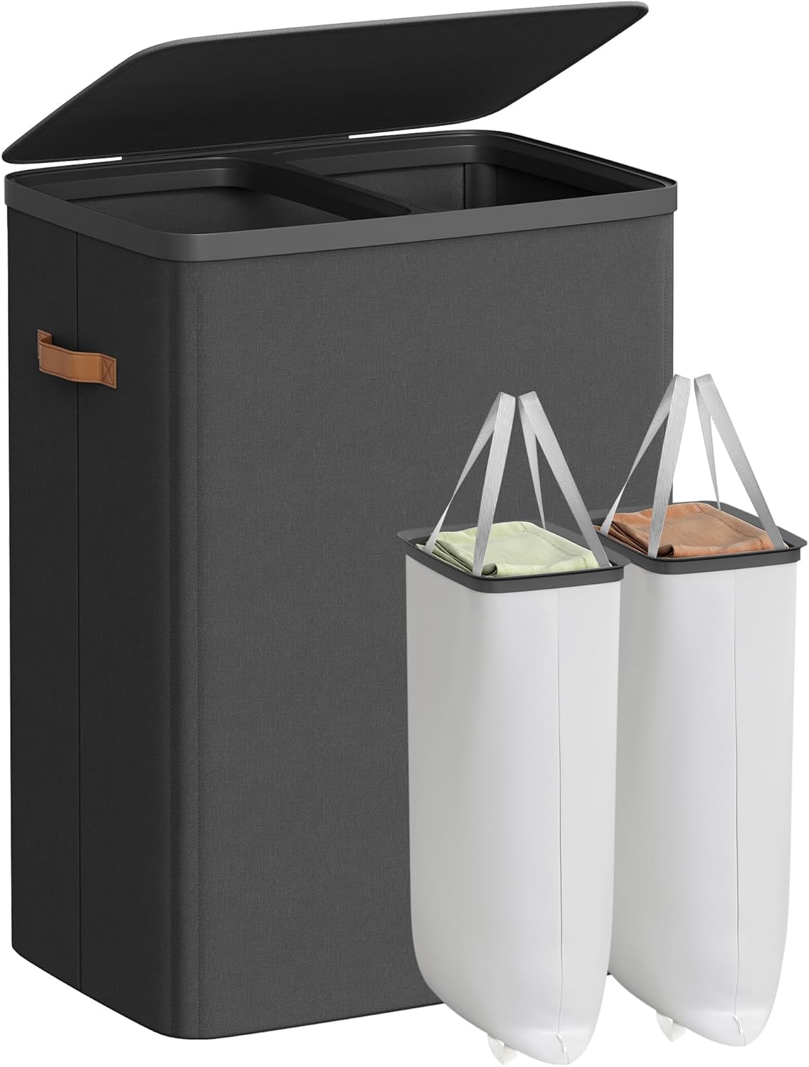 Laundry Basket, 44.9 Gal. Laundry Hamper, 2 Compartments, Easy Assembly, with Lid and Handles, Removable Liners, 22 X 15.7 X 29.5 Inches, Cappuccino Beige ULCB813L01