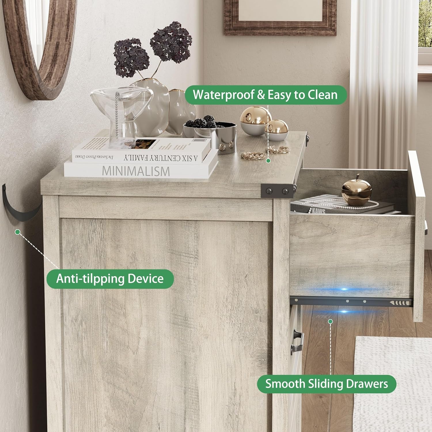 Nightstand with 3 Drawers, 24" Wide Farmhouse Bedside End Table, Rustic Wood Side Table Night Stand with Mental Handle, Tall Modern Small Dresser Chest of Drawers for Bedroom, Living Room, Dorm, Grey