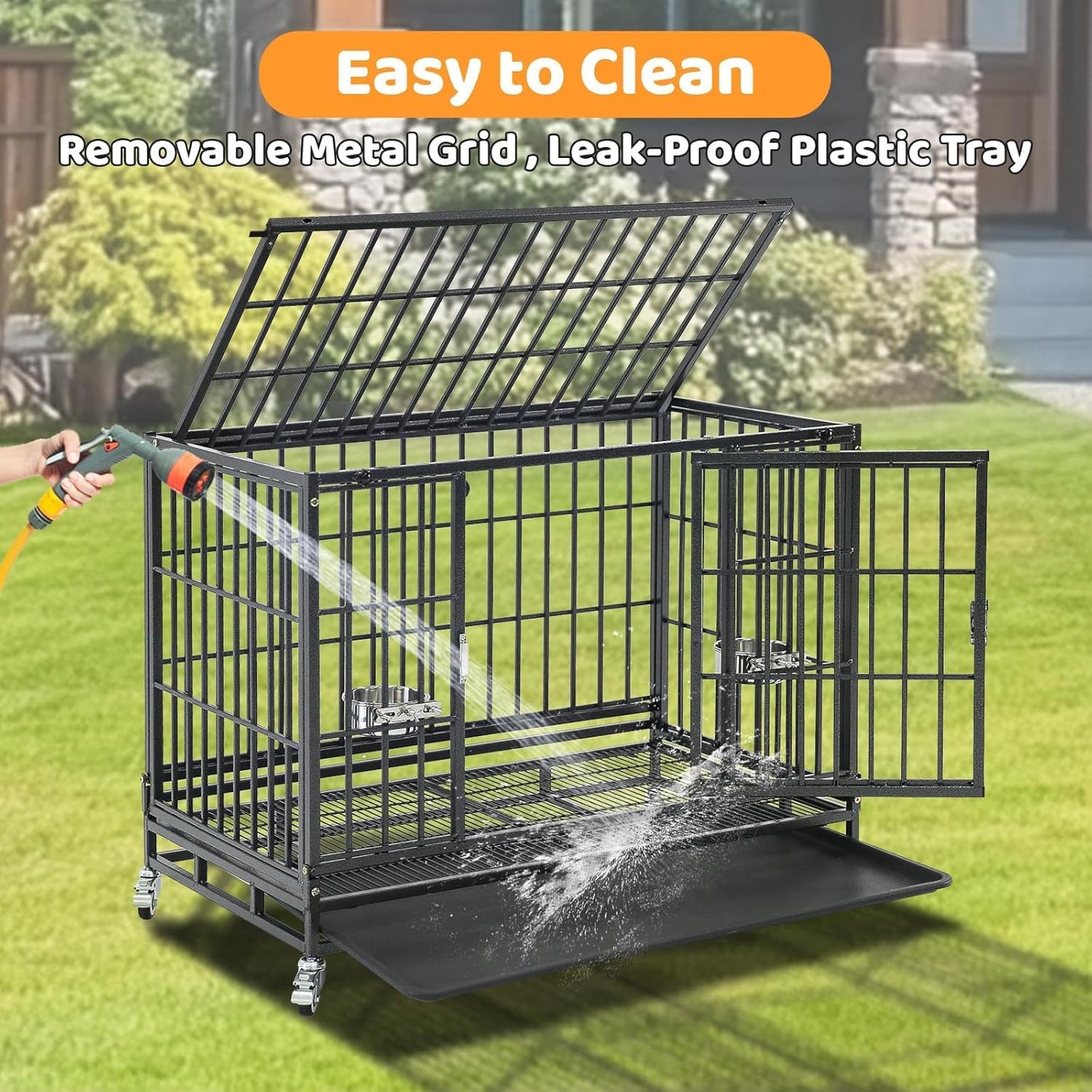 Three Tiers 37 Inch Dog Crate, Escape Proof Dog Cage Kennel Indoor with Top Access and Lockable Wheels, Removable Tray, Heavy Duty Dog Crates for Medium/Small Dogs