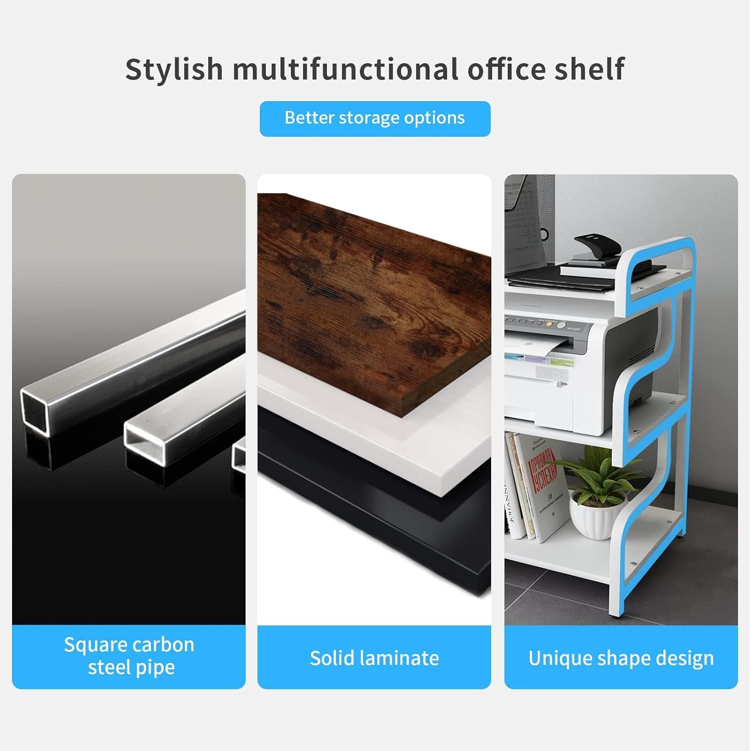 3-Tier Printer Stand with Wheels Movable Storage Cart Floor-Standing Multi-Purpose Shelf Rack for Media Player Scanner Files Books Microwave Oven in Kitchen Living Room Home Office (White)