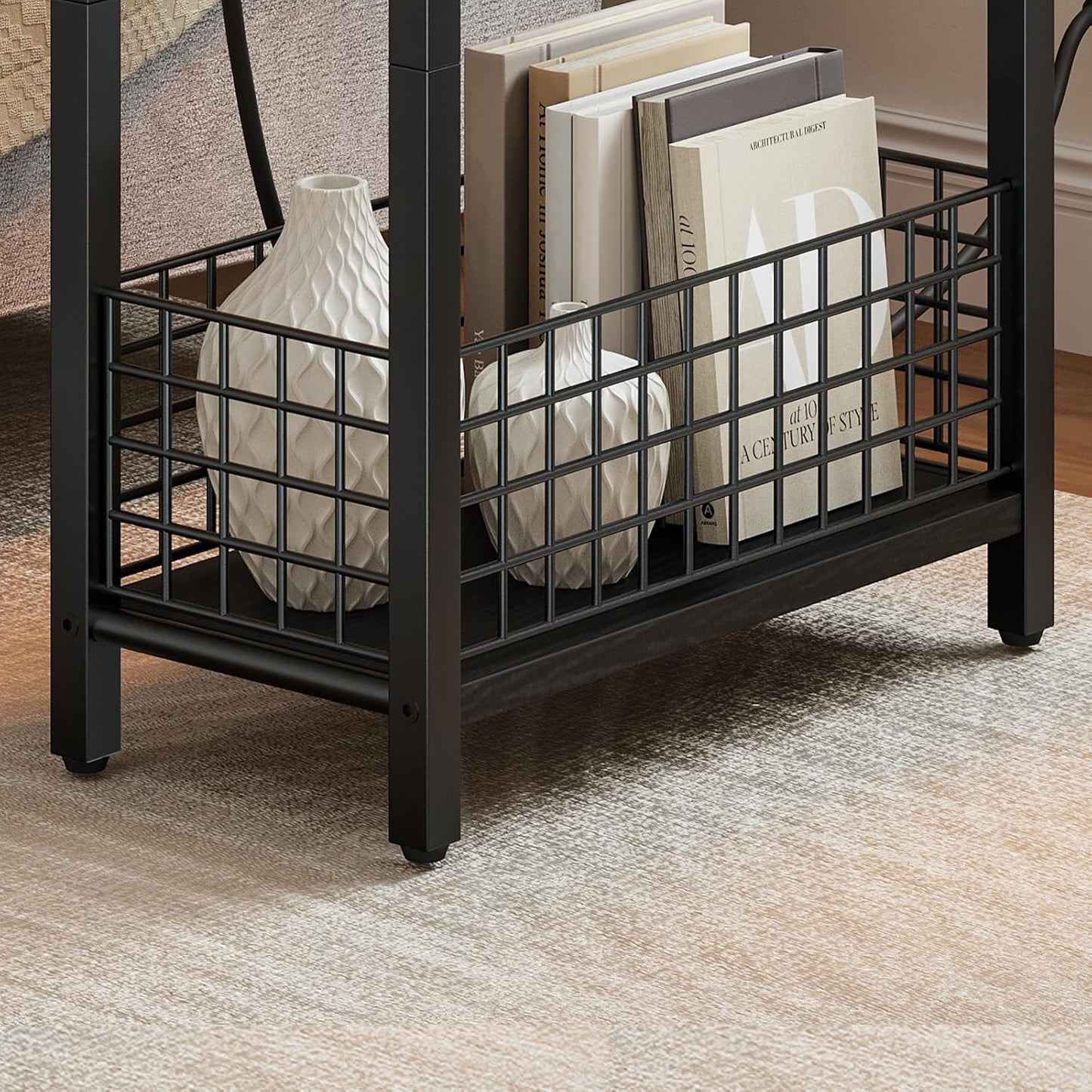 Narrow Side Table with Charging Station and LED Light, Small End Table with Storage, Skinny Nightstand with USB Port, Slim Bedside Table for Small Spaces, Living Room, Black BB242UDBZ01