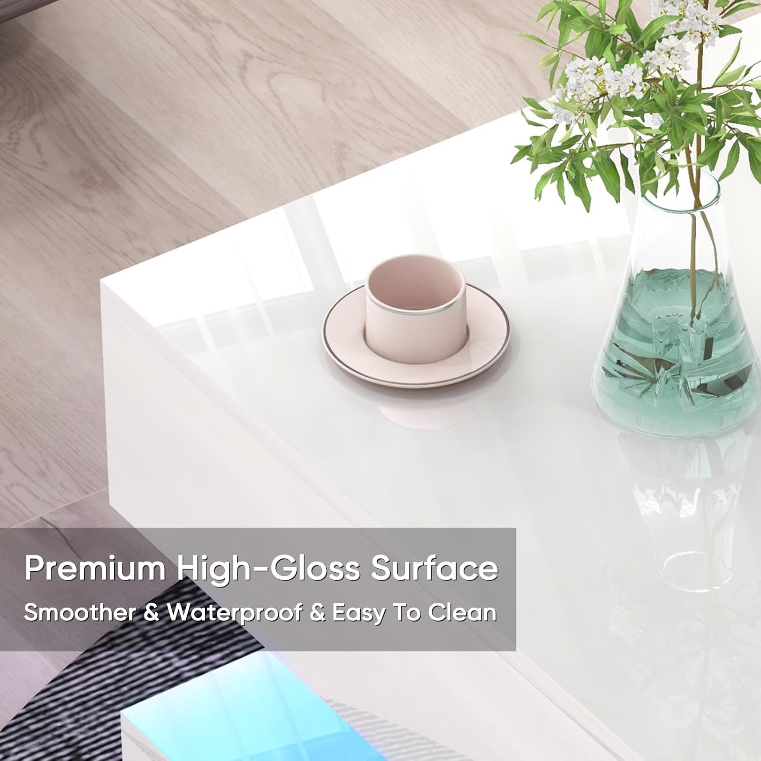 Modern High Gloss LED Coffee Table with Storage, 2-Tier Center Table with Open Display Shelf & 2 Sliding Drawers, Rectangle Coffee Tables for Living Room, Bedroom