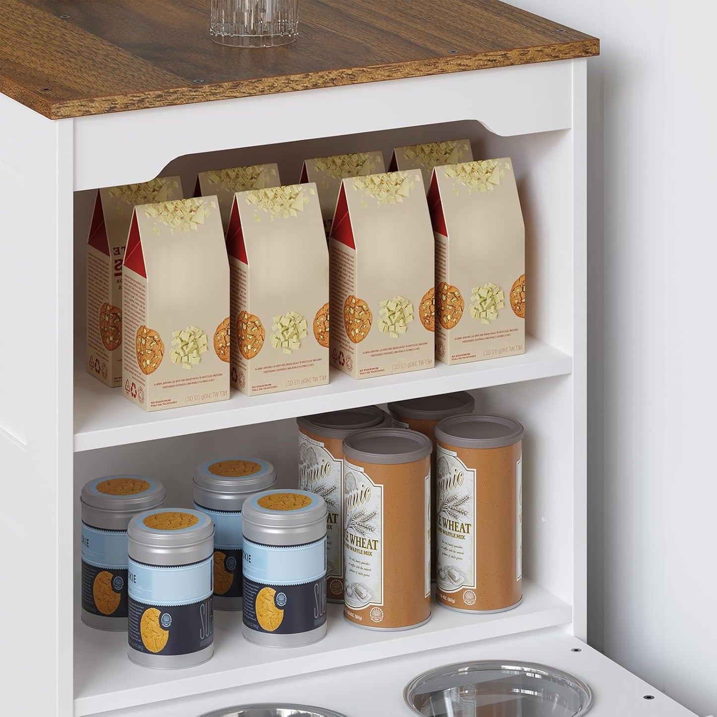 Dog Crate Furniture, 47.2” Dog Kennel Indoor with Storage Shelf and Feeding Bowls, Wooden Dog Kennel Furniture for Medium Large Dogs, White, Walnut and Black