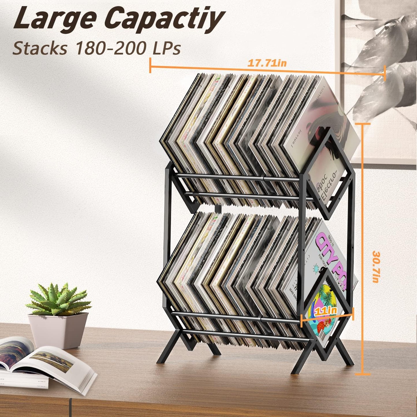 2-Tier-Vinyl-Record-Storage-Holder with Dividers, 200 Lps Albums Storage Rack Shelf, Steel Music Records Display Shelf Organizer for Book, Magazine, Files,Matte Black
