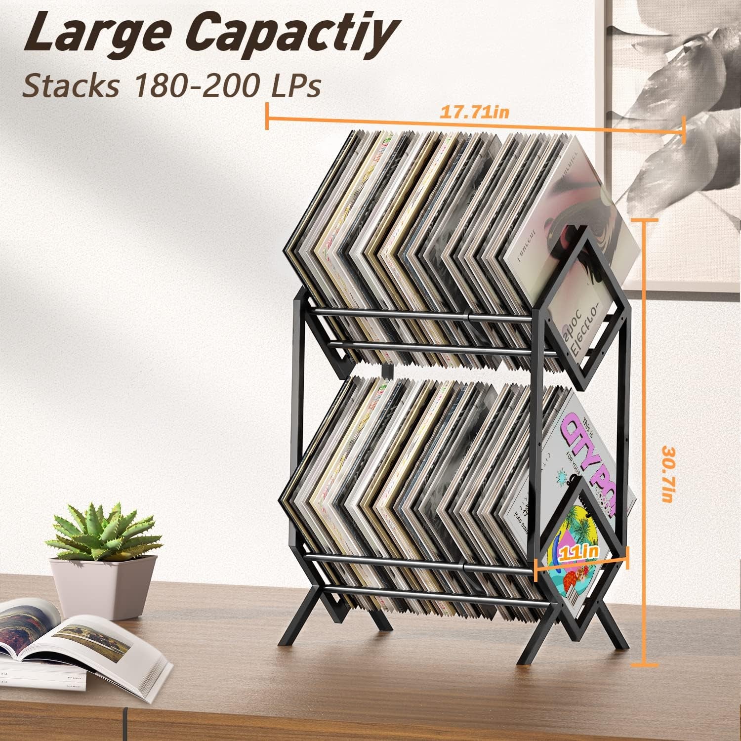 2-Tier-Vinyl-Record-Storage-Holder with Dividers, 200 Lps Albums Storage Rack Shelf, Steel Music Records Display Shelf Organizer for Book, Magazine, Files,Matte Black