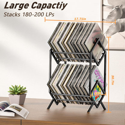 2-Tier-Vinyl-Record-Storage-Holder with Dividers, 200 Lps Albums Storage Rack Shelf, Steel Music Records Display Shelf Organizer for Book, Magazine, Files,Matte Black