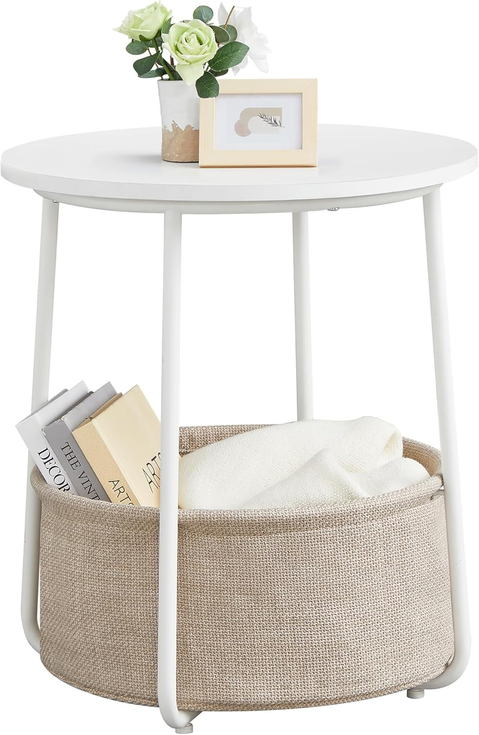 End Table, Side Table with Fabric Basket, Modern Nightstand, Square Bedside Table, for Living Room, Bedroom, Matte White and Camel Brown ULET229W10