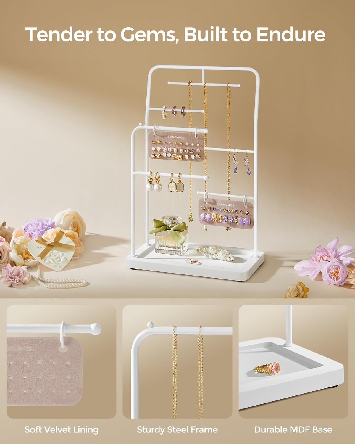 Jewelry Stand, Jewelry Organizer, Jewelry Display Holder with Metal Frame, 2 Earring Boards, 6 Hanging Rods, Necklace Earring Bracelet Holder, for Rings, Cloud White UJJS024W01