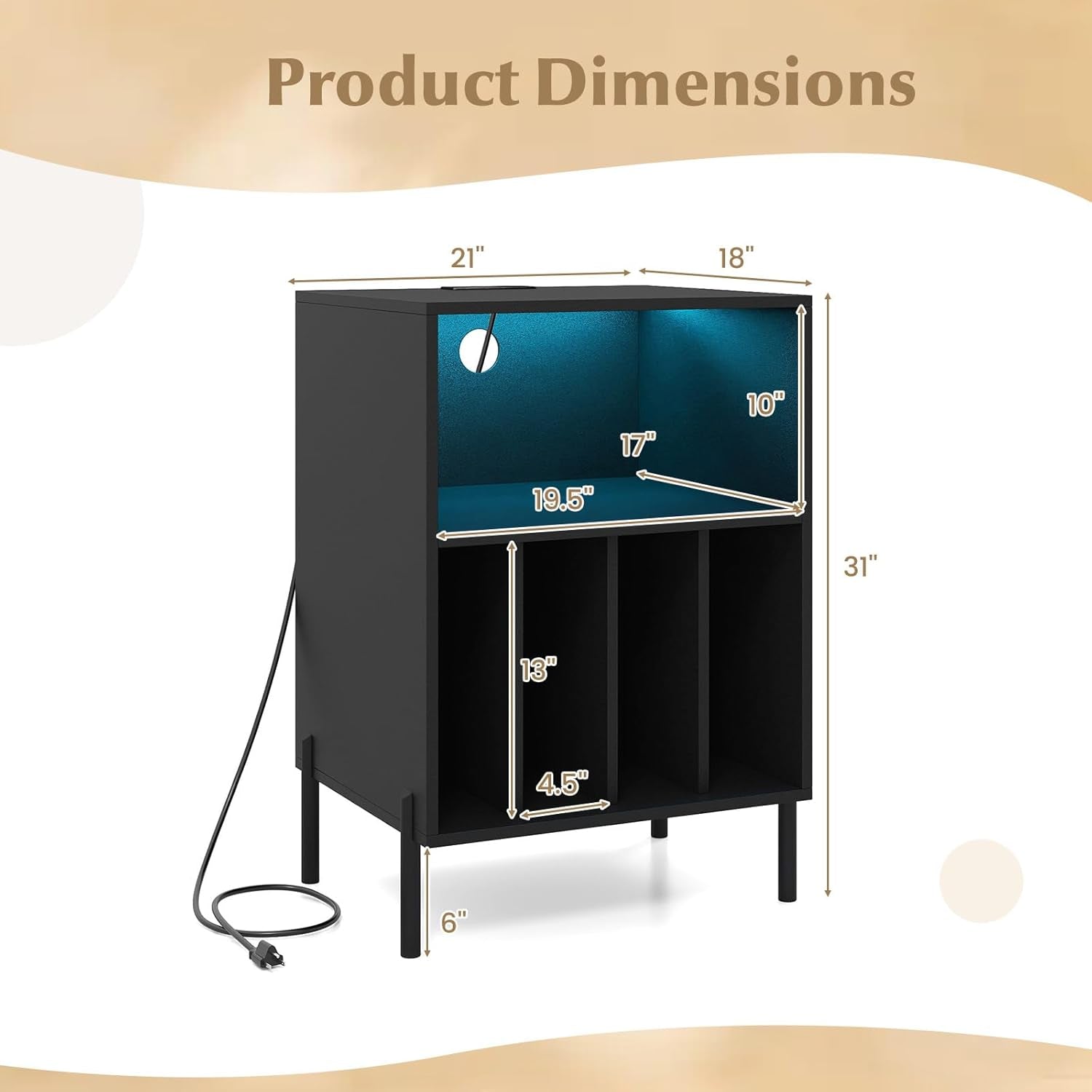 Record Player Stand with LED Lights, Turntable Stand with Charging Station, Vinyl Storage Holder with Sturdy Metal Legs, Album Display Shelf for Living Room, Bedroom (Black)