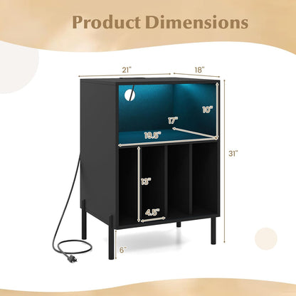 Record Player Stand with LED Lights, Turntable Stand with Charging Station, Vinyl Storage Holder with Sturdy Metal Legs, Album Display Shelf for Living Room, Bedroom (Black)