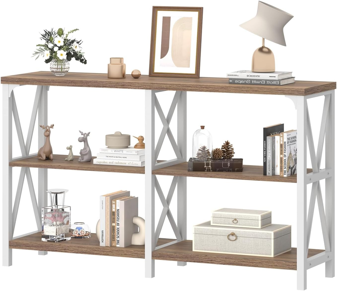 Farmhouse Entryway Table, Wood TV Console Table, Rustic Metal Sofa Table, Industrial Hallway Tables with Storage Shelves, Modern Foyer Tables for Front Entry Way, White and Rustic Oak, 47 Inch