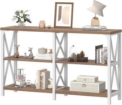 Farmhouse Entryway Table, Wood TV Console Table, Rustic Metal Sofa Table, Industrial Hallway Tables with Storage Shelves, Modern Foyer Tables for Front Entry Way, White and Rustic Oak, 47 Inch