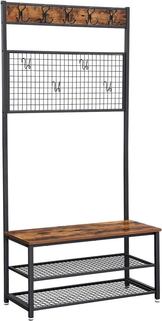 Industrial Coat Rack Stand, Shoe Rack Bench with Grid Memo Board, 9 Hooks and Storage Shelves, Hall Tree with Stable Metal Frame, Rustic Brown UHSR46BX