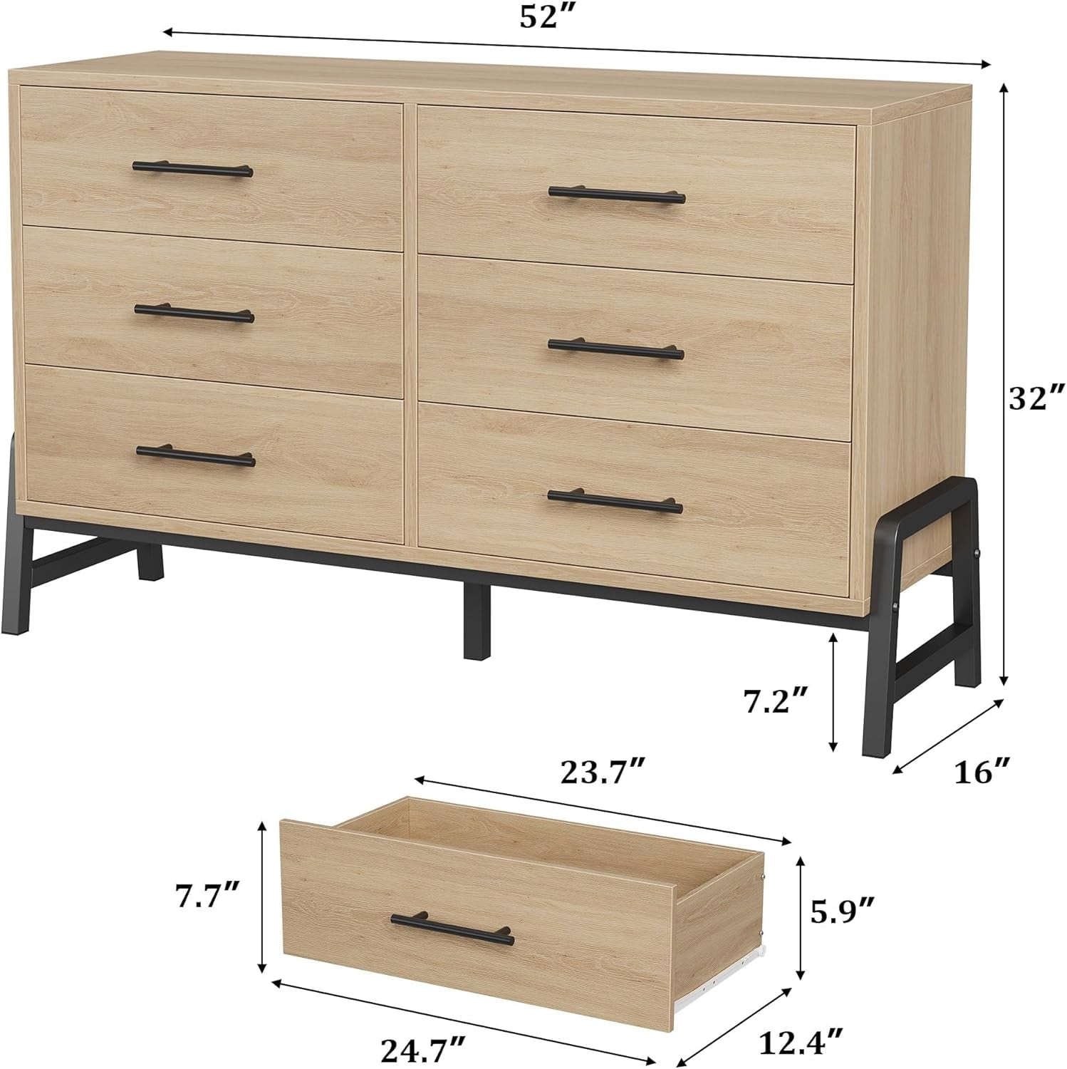 6 Dresser for Bedroom, 52" Wide Drawer with Large Storage Space, Freestanding Wooden Closet Storage Dresser Chest for Living Room, Bedroom, Entryway, Natural Oak