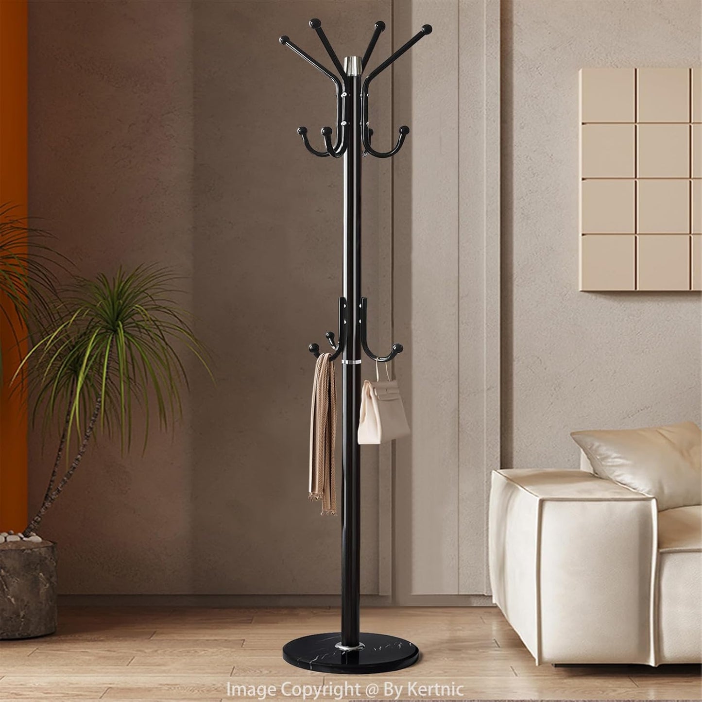Modern Coat Rack Freestanding with Natural Marble Base & Sturdy Metal Frame, 11 Hooks Hall Tree for Jackets, Hats, Bags, Entryway Organizer for Bedroom, Living Room, Closet (Black)