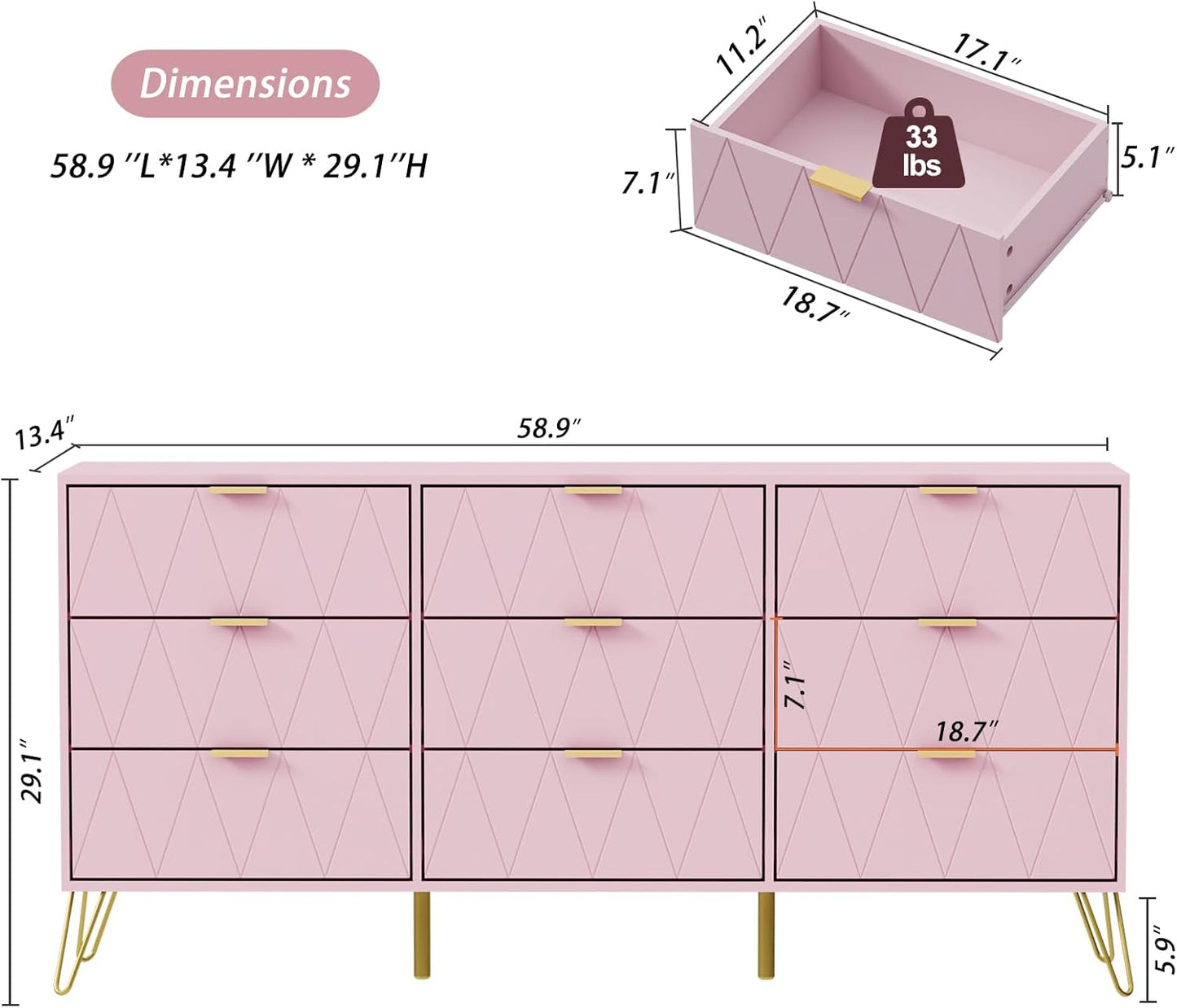 Pink 9 Drawer Dresser and Night Stand Sets for Bedroom, Two Drawers Nightstand Set of 2 & 9 Drawer Dresser Combo 3 Pieces (Pink)