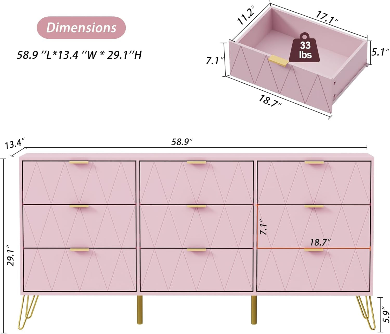Pink 9 Drawer Dresser and Night Stand Sets for Bedroom, Two Drawers Nightstand Set of 2 & 9 Drawer Dresser Combo 3 Pieces (Pink)