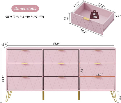 Pink 9 Drawer Dresser and Night Stand Sets for Bedroom, Two Drawers Nightstand Set of 2 & 9 Drawer Dresser Combo 3 Pieces (Pink)