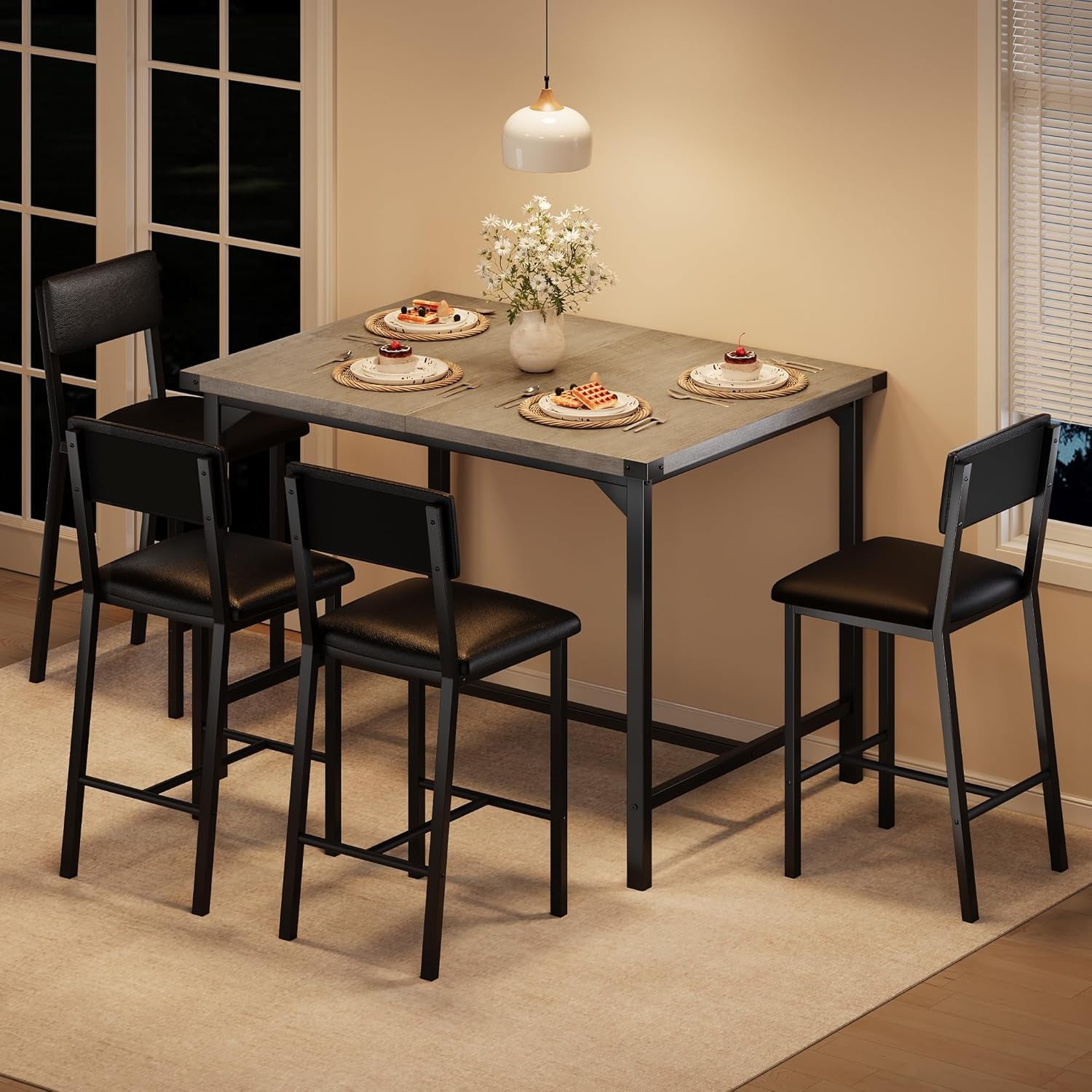 Dining Table Set for 4 W/Footrest & Corner Protector, 5-Piece Kitchen Table Set with Counter Height Table & 4 Upholstered Bar Stools, for Kitchen Room, Apartment, Pub, Retro Gray