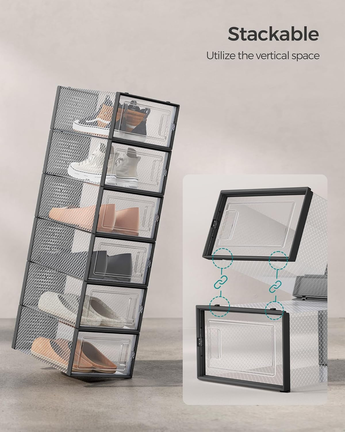 Shoe Boxes, Pack of 24 Shoe Storage Organizers, Stackable Clear Plastic Boxes for Closet, Sneakers, 13.1 X 9.1 X 5.6 Inches, Fit up to US Size 11, Transparent and Black ULSP906B12