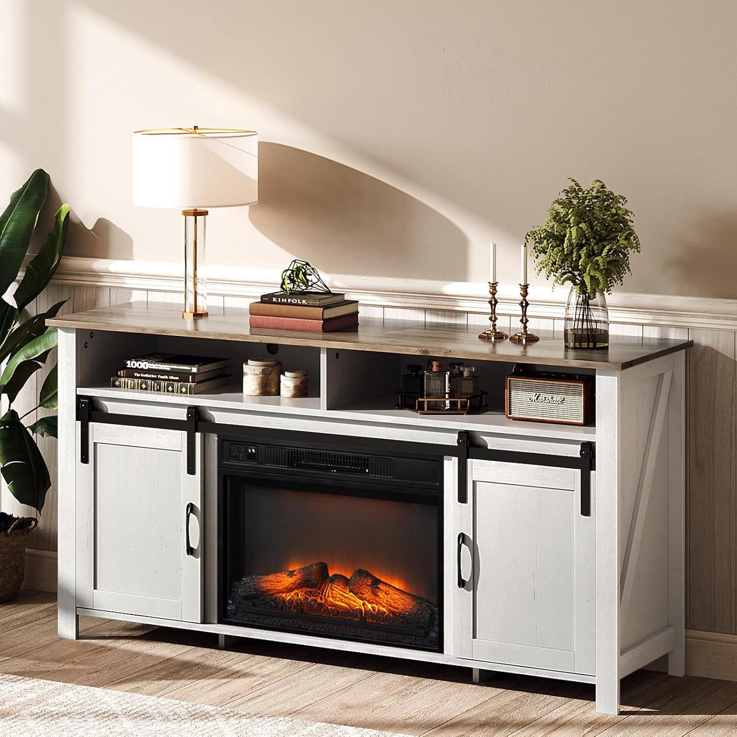 Fireplace TV Stand with Sliding Barn Door for 70 Inch TV, Farmhouse Entertainment Center ＆ 23" Fireplace, Media Console Table with Storage Cabinets for Living Room, Distressed White & Barnwood