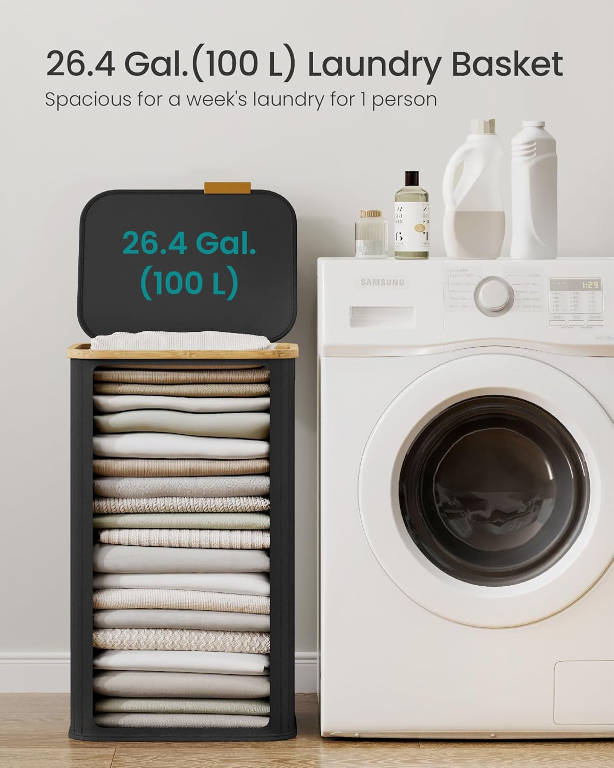 Laundry Hamper, Laundry Basket with Lid, Foldable Storage Basket, Bamboo Frame, for Bedroom, Living Room, Oxford Fabric, 26.4 Gal. (100 L), Ink Black ULCB518BH01