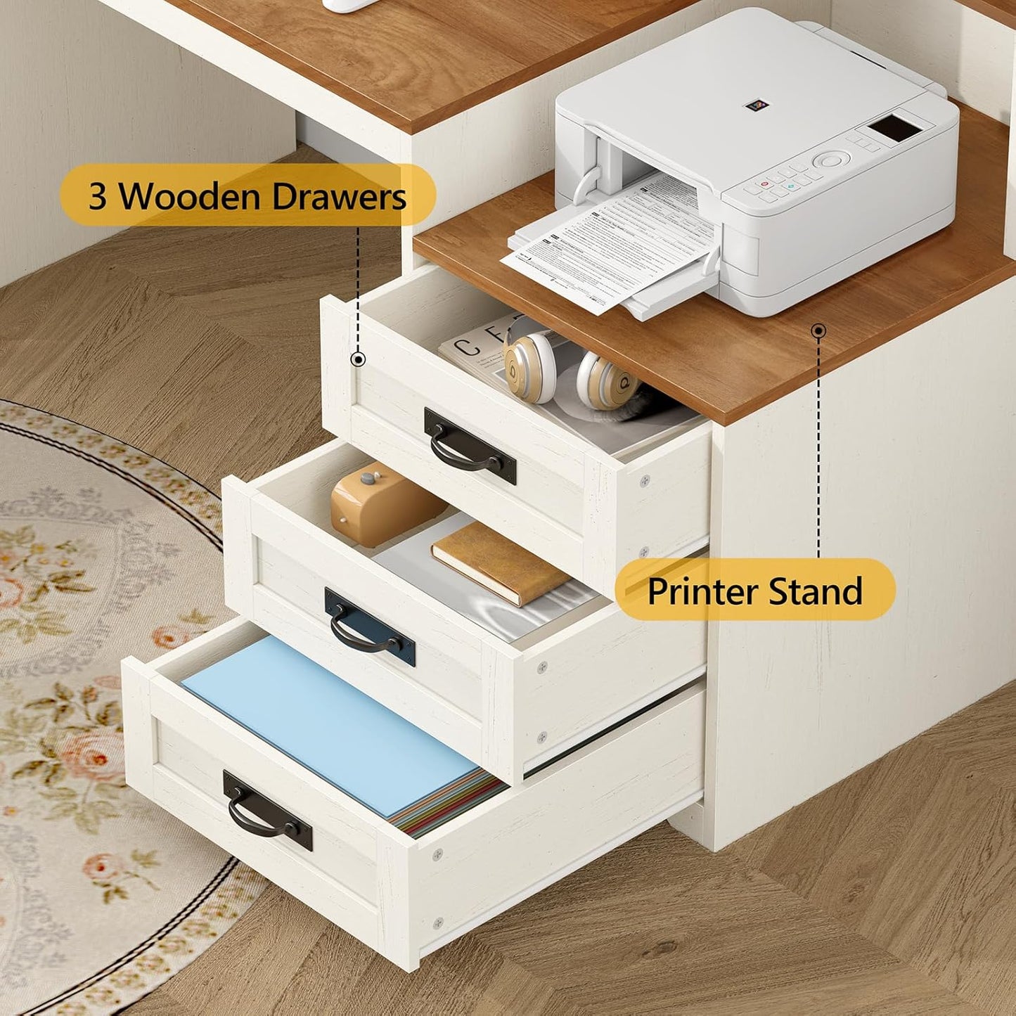 Farmhouse Computer Desk with Drawers, 65'' Home Office Desk with Power Outlets, Storage Cabinet and Printer Stand, Study Writing Desks with Long Monitor Stand, Brown and White