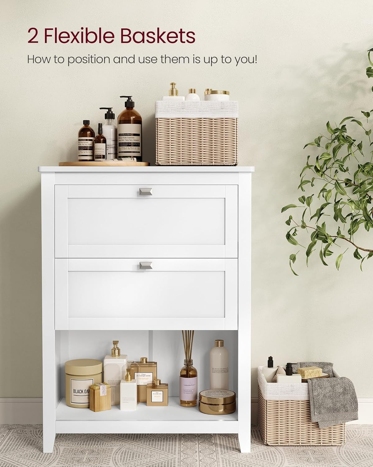 Bathroom Cabinet, Storage Cabinet and Bathroom Organizers, 2 Drawers with 1 Set of Adjustable Divider, 2 Baskets, Sideboard, 11.8 X 23.6 X 31.5 Inches, White UBBC545W02